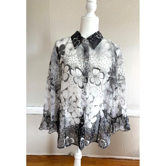 Nicola Women's Black & White Floral Sheer Button-Up Blouse Size 2X - Picture 3 of 8